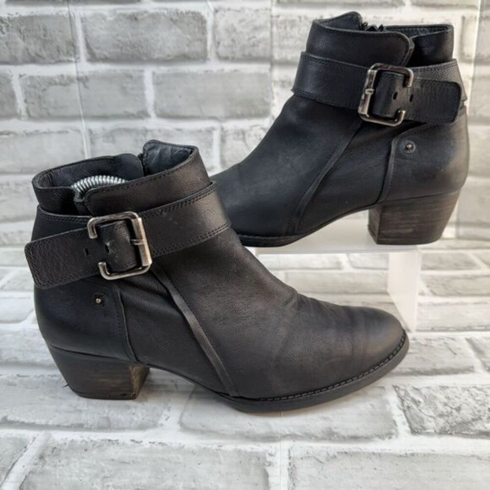Paul Green Boots Women US 7-UK 5 Black Leather Zip Ankle Buckle Boots